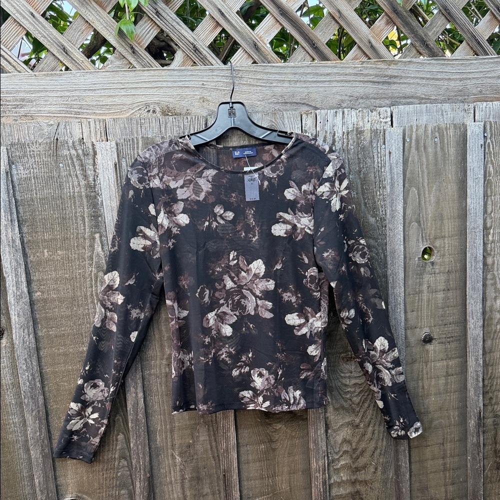 GAP Dark Brown Floral Long-Sleeve Crewneck Top
